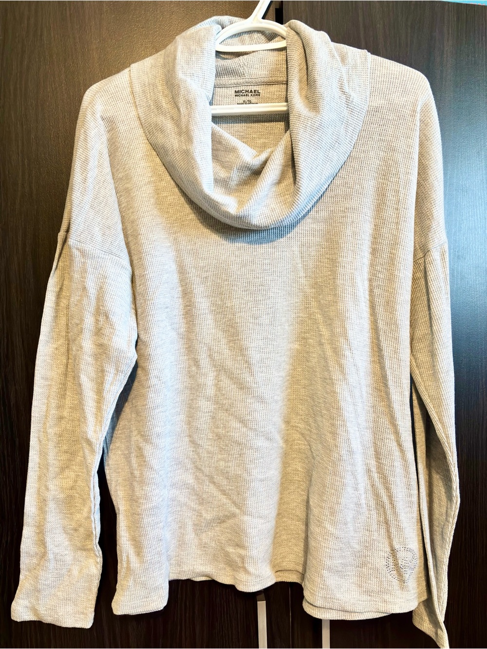 🆕 MICHAEL Michael Kors Pearl Heather, Light Gray Thin Waffle Cowl Neck Top,  NWT